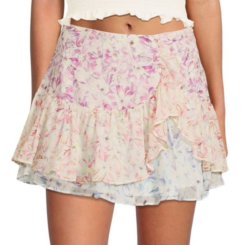 LoveShackFancy Rhodes Tiered Pink and Cream Mini Skirt Size 0